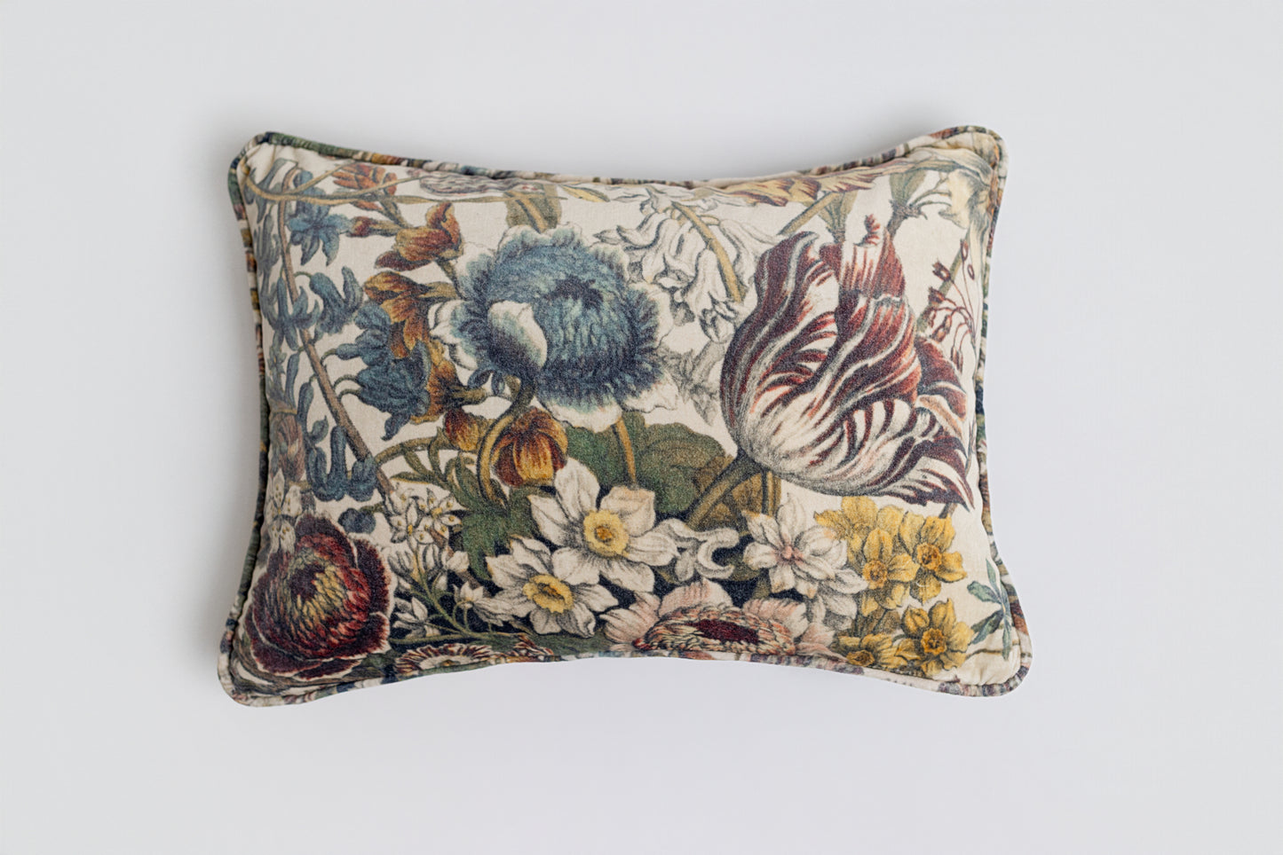 A soft cotton velvet cushion featuring lush 1700s botanical blooms - Market of Stars