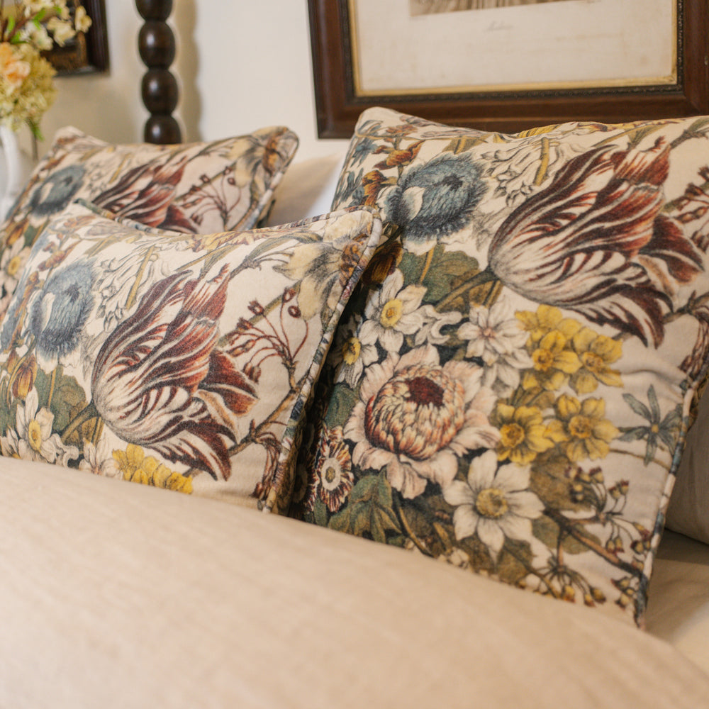 
                  
                    A soft cotton velvet cushion featuring lush 1700s botanical blooms - Market of Stars
                  
                