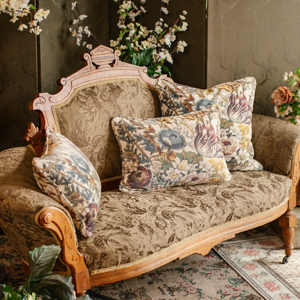 
                  
                    A soft cotton velvet cushion featuring lush 1700s botanical blooms - Market of Stars
                  
                