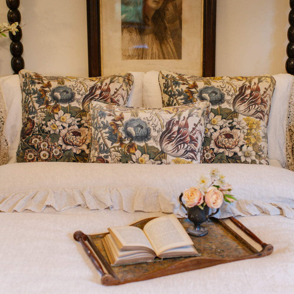 
                  
                    A soft cotton velvet cushion featuring lush 1700s botanical blooms - Market of Stars
                  
                