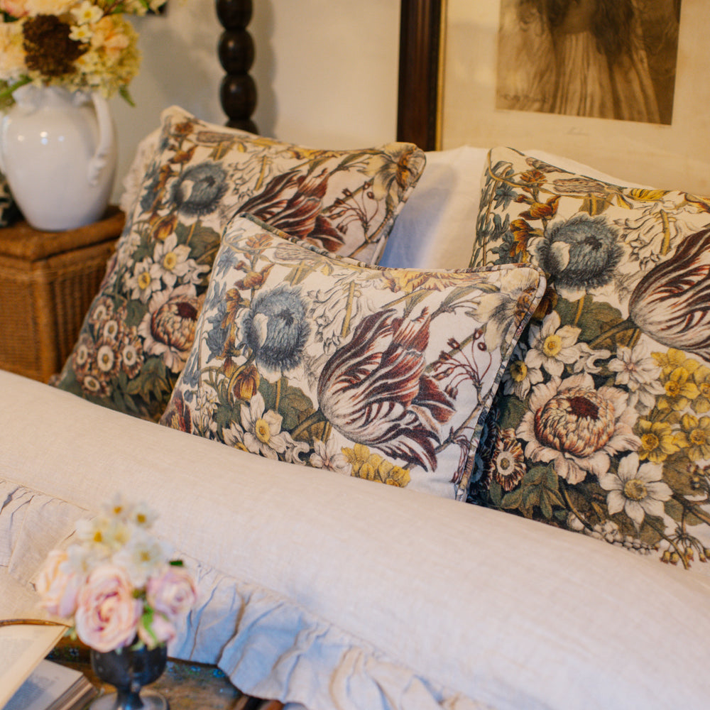 
                  
                    A soft cotton velvet cushion featuring lush 1700s botanical blooms - Market of Stars
                  
                