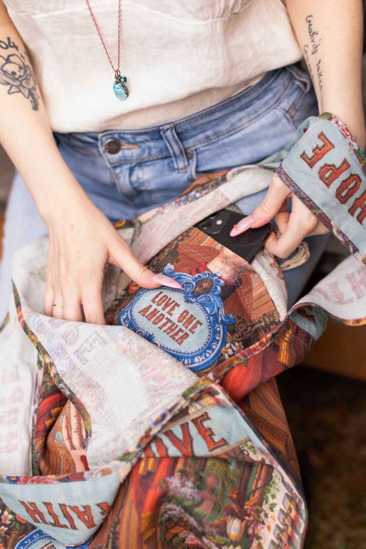 Tote bag featuring joyful 1854 floral artwork, heart-in-hand symbol, and vintage love notes, designed for everyday adventures – Market of Stars