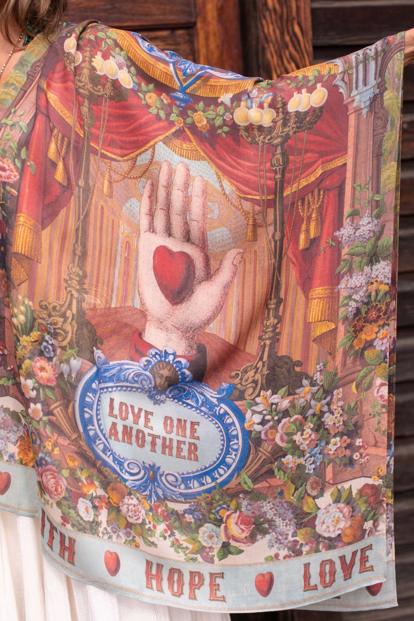 Scarf featuring joyful 1854 hand-drawn florals, heart-in-hand symbol, and vintage messages of hope and love – Market of Stars