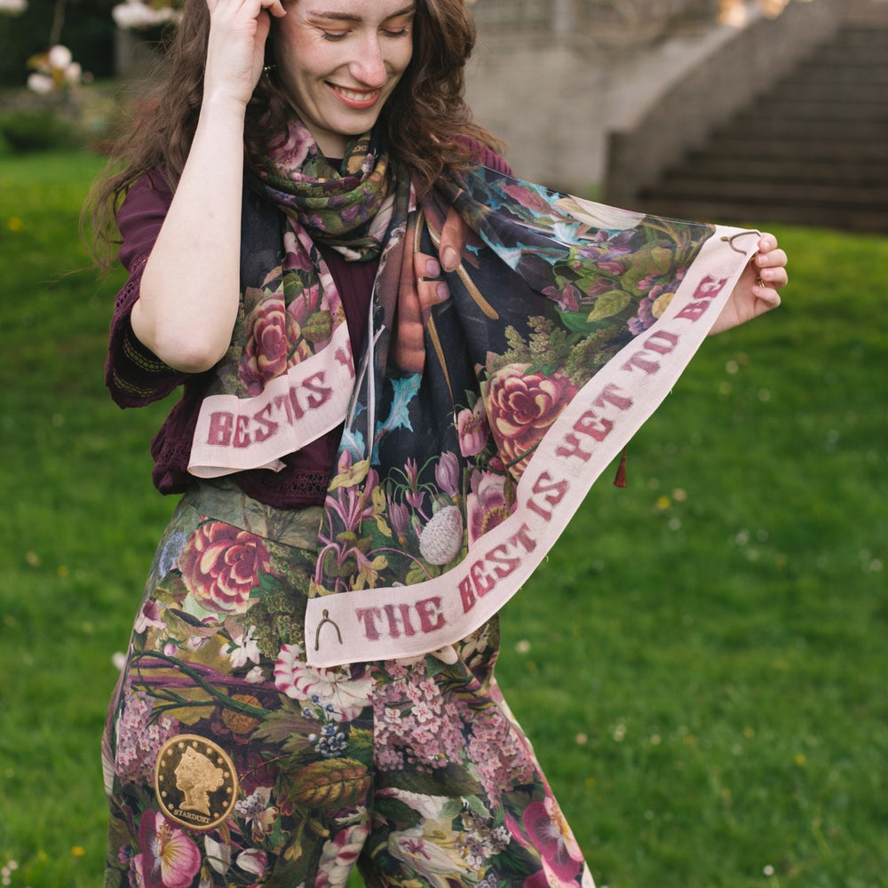 
                  
                    Scarf featuring gold wishbone–vintage coin–evening star–and dandelion artwork with lilacs and “Make a wish” banner – Market of Stars
                  
                