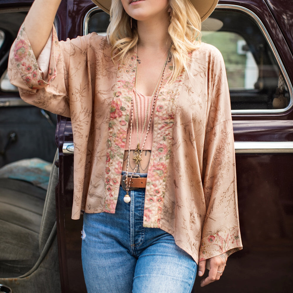 
                  
                    Model wearing map print kimono featuring a reimagined 1846 artwork titled A Map of the Open Country of a Woman’s Heart – Market of Stars
                  
                