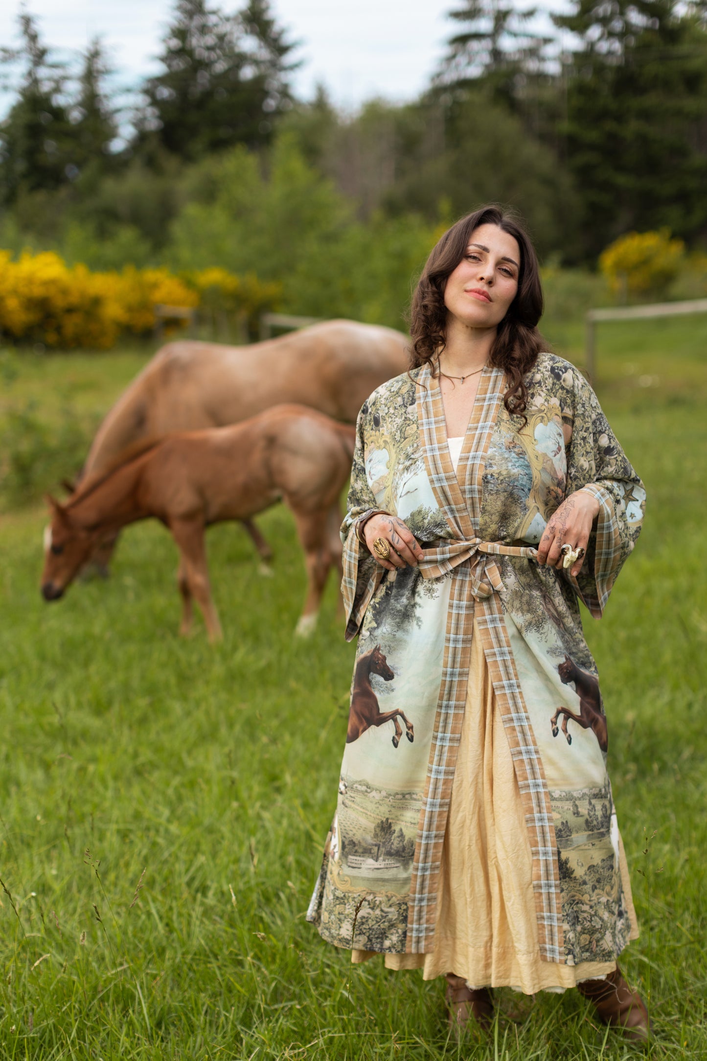 Model wearing a bamboo-viscose kimono duster robe made for everyday adventures with a whimsical print celebrating one's unbridled spirit of adventure - Market of Stars