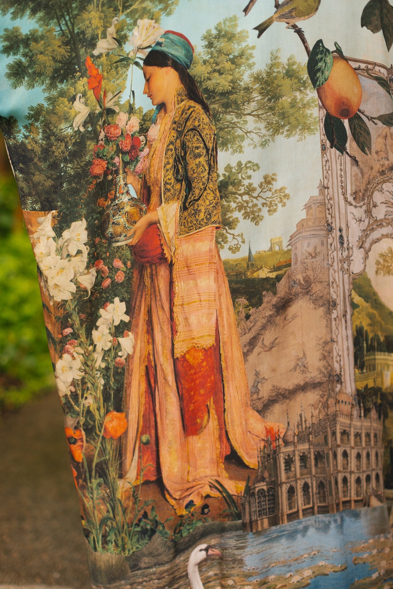 Model wearing Peace, Wine & Sunshine Bohéme Slip Dress featuring botanical collages and playful peace, wine and sunshine lettering on the hem – Market of Stars.