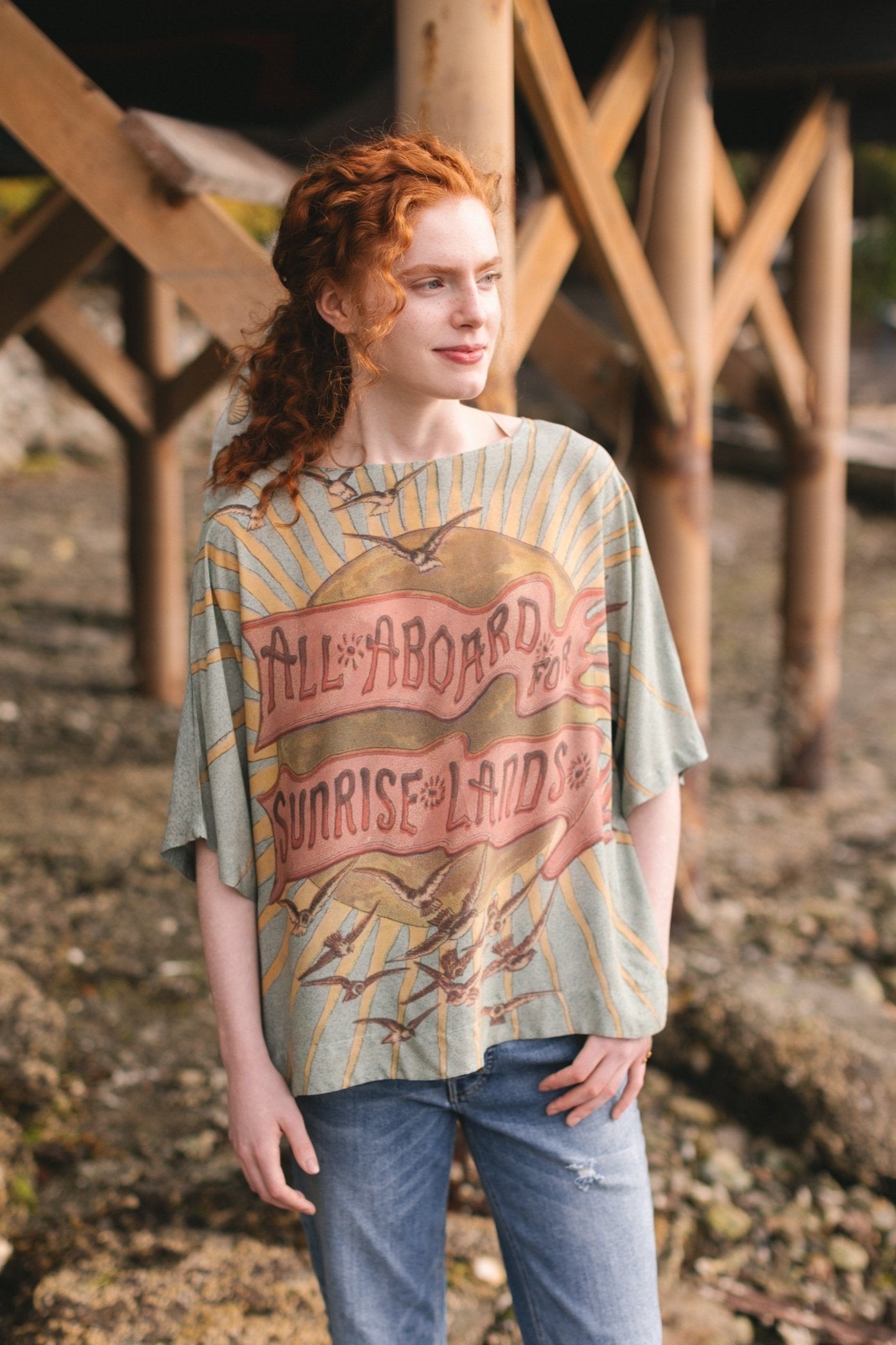 Soft bamboo-based tee featuring antique nautical artwork with shells, sunshine, and mermaid – Market of Stars