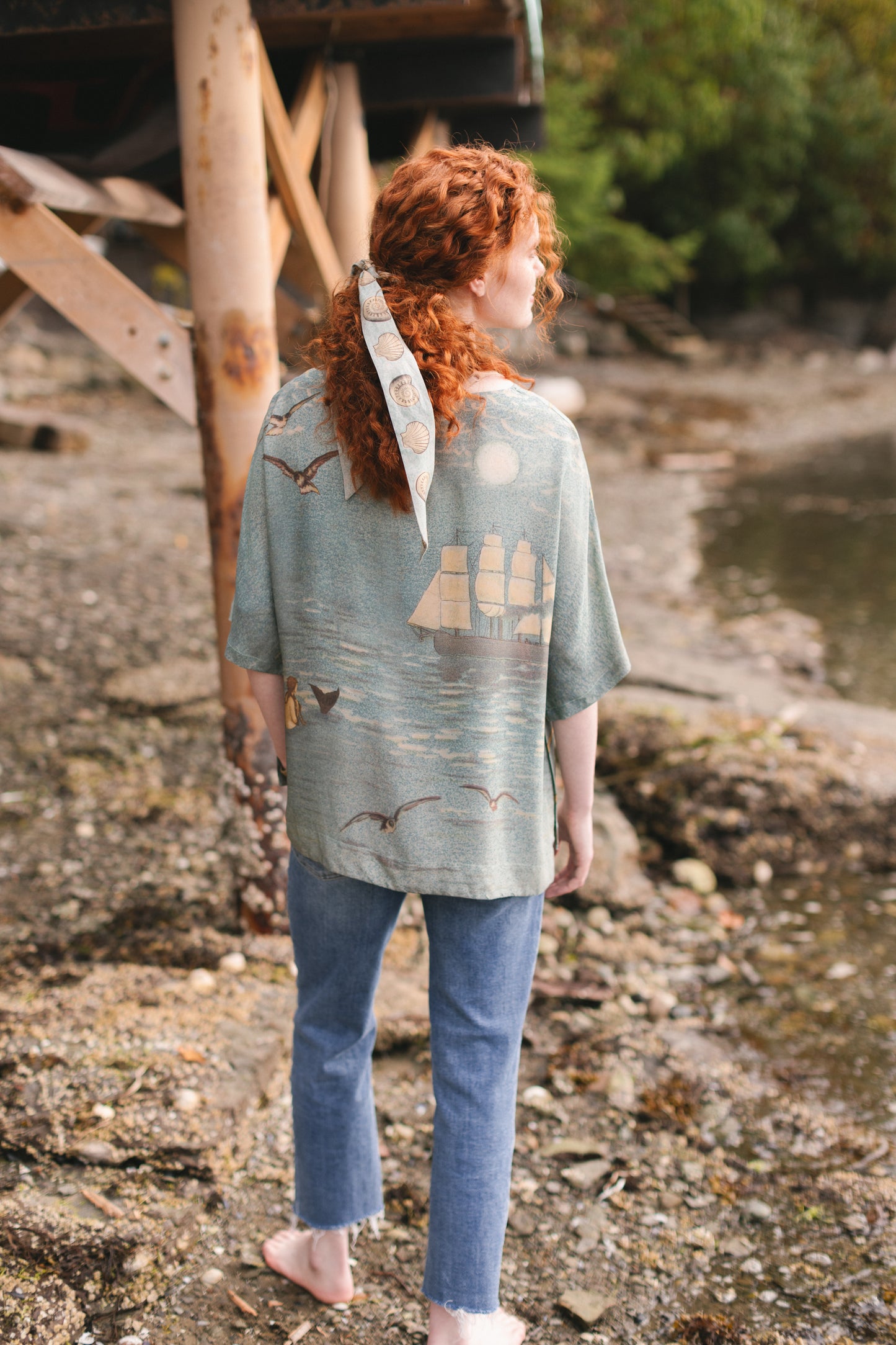Soft bamboo-based tee featuring antique nautical artwork with shells, sunshine, and mermaid – Market of Stars