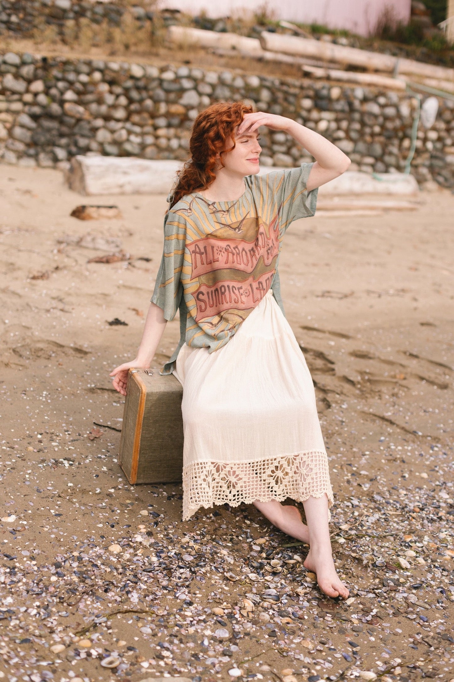 Soft bamboo-based tee featuring antique nautical artwork with shells, sunshine, and mermaid – Market of Stars
