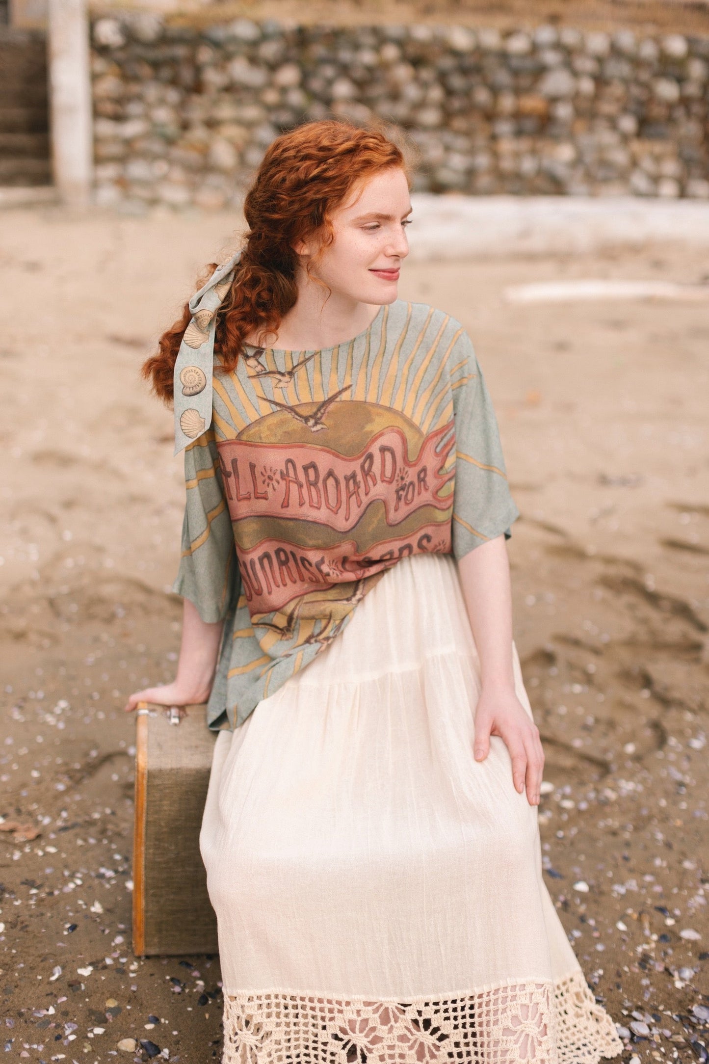 Soft bamboo-based tee featuring antique nautical artwork with shells, sunshine, and mermaid – Market of Stars