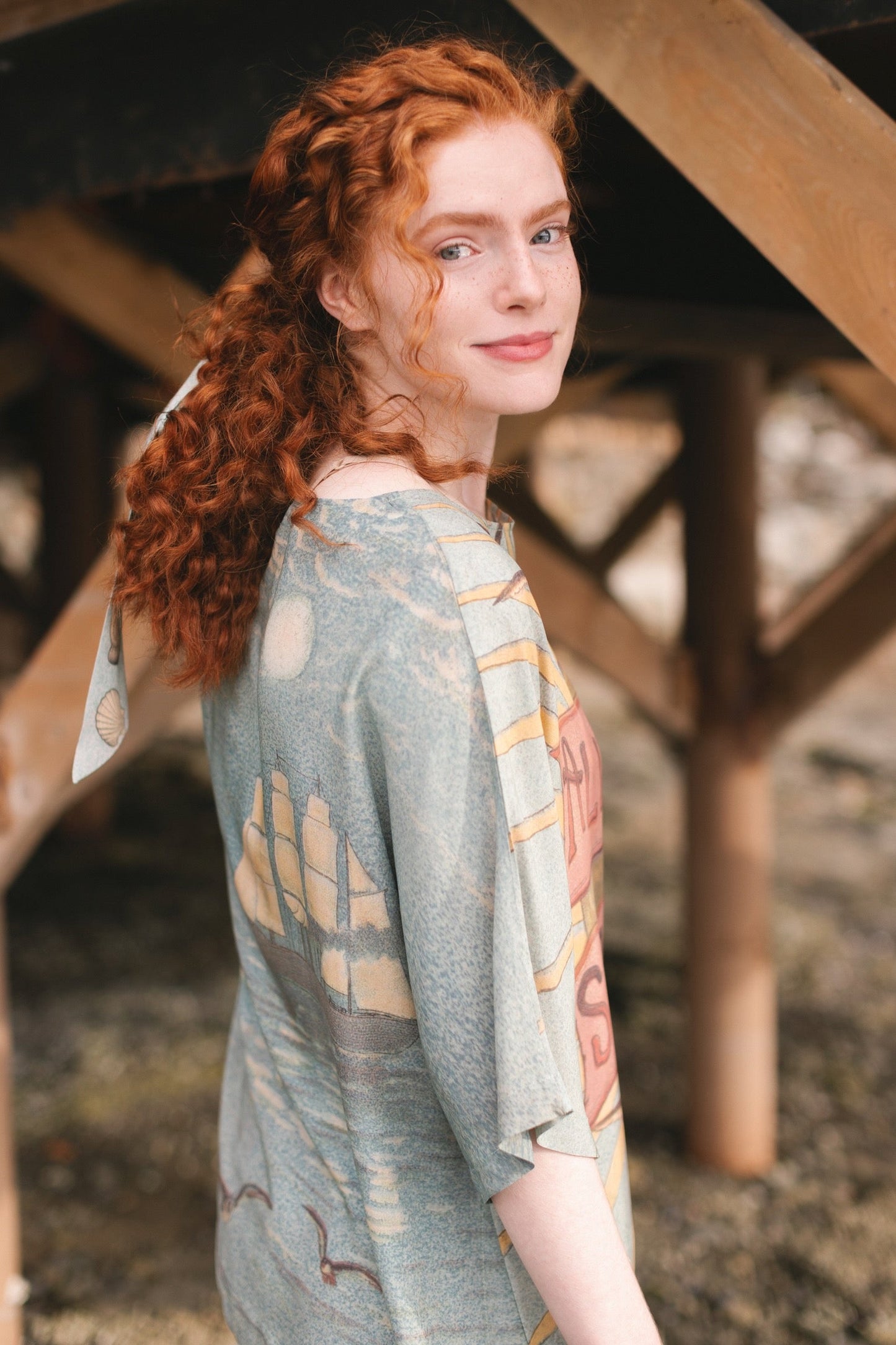 Soft bamboo-based tee featuring antique nautical artwork with shells, sunshine, and mermaid – Market of Stars