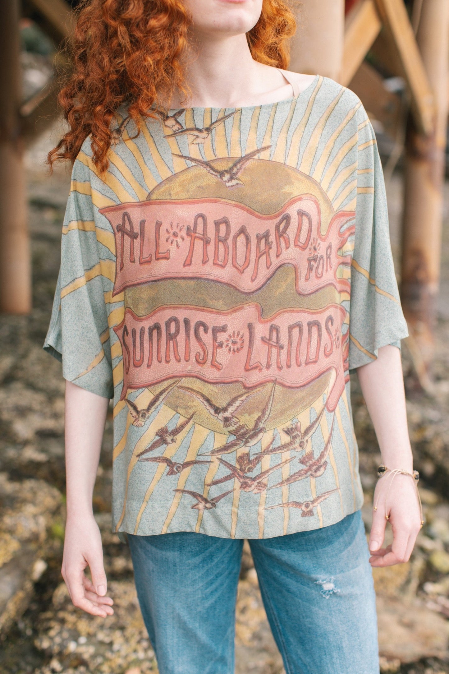 Soft bamboo-based tee featuring antique nautical artwork with shells, sunshine, and mermaid – Market of Stars
