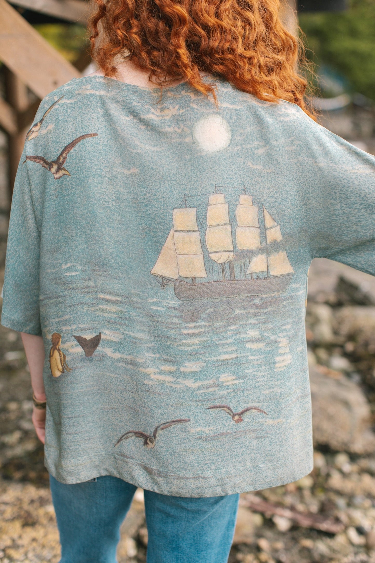Soft bamboo-based tee featuring antique nautical artwork with shells, sunshine, and mermaid – Market of Stars