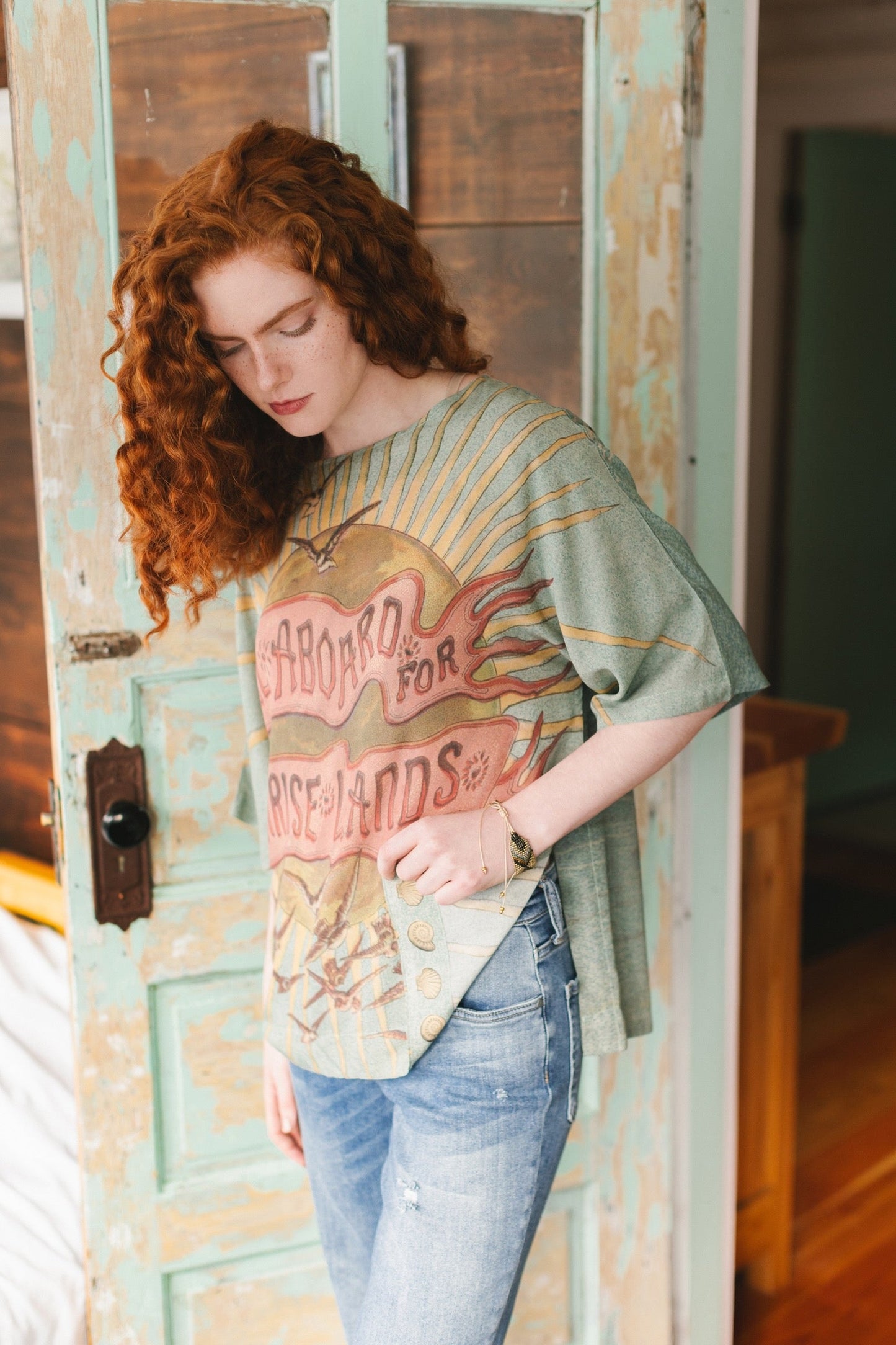 Soft bamboo-based tee featuring antique nautical artwork with shells, sunshine, and mermaid – Market of Stars