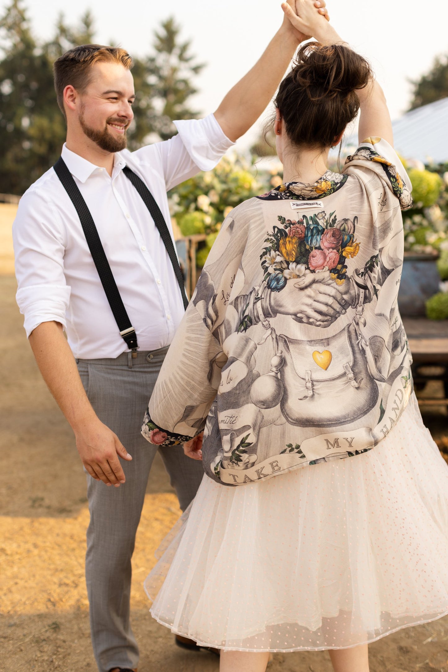 A joyful blend of 17th-century engravings, painted hearts, and hand-coloured florals on our cropped Take My Hand Pixie duster kimono – Market of Stars