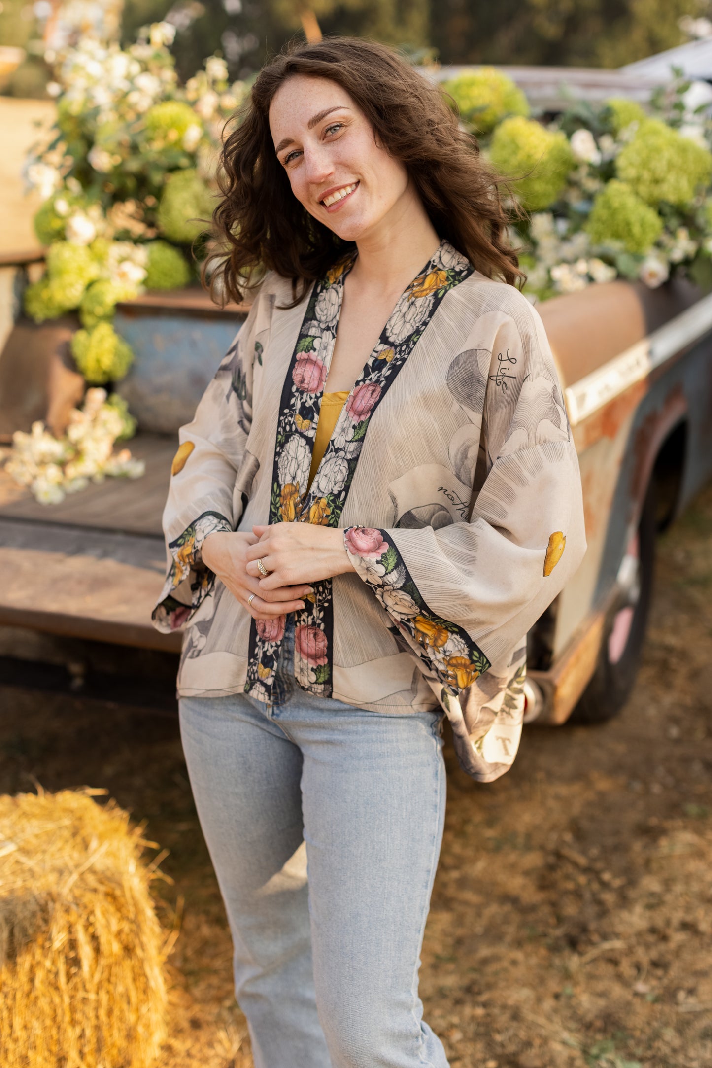 A joyful blend of 17th-century engravings, painted hearts, and hand-coloured florals on our cropped Take My Hand Pixie duster kimono – Market of Stars