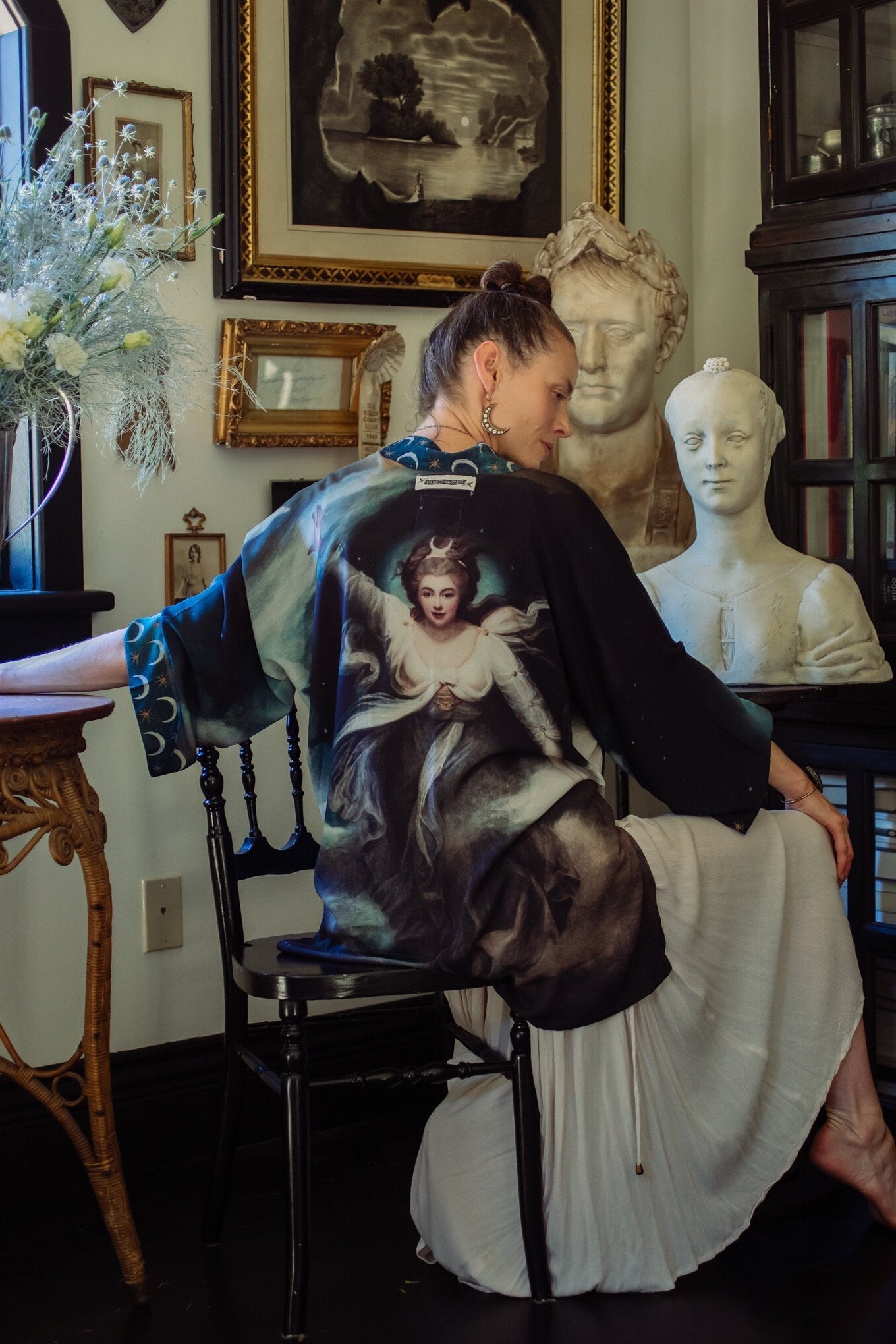 The Dreamer kimono jacket featuring a celestial Moon Goddess portrait with swirling sky detail and starry trim – Market of Stars
