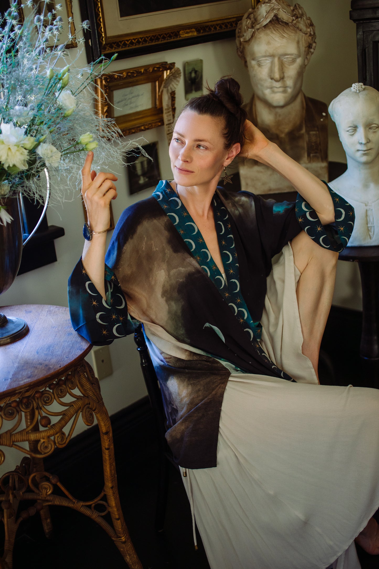The Dreamer kimono jacket featuring a celestial Moon Goddess portrait with swirling sky detail and starry trim – Market of Stars