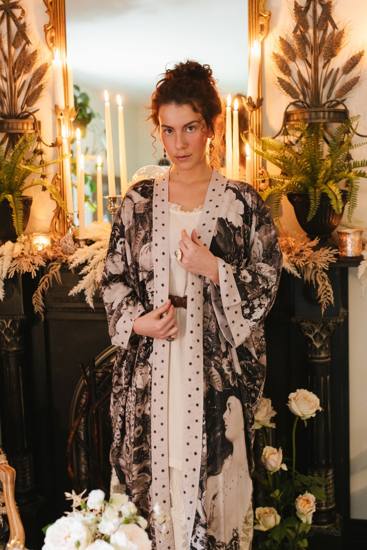 Model wearing Looking Glass Opera Robe featuring grown-up Alice Liddell, Victorian botanicals, and celestial star and moon accents inspired by Wonderland – Market of Stars.