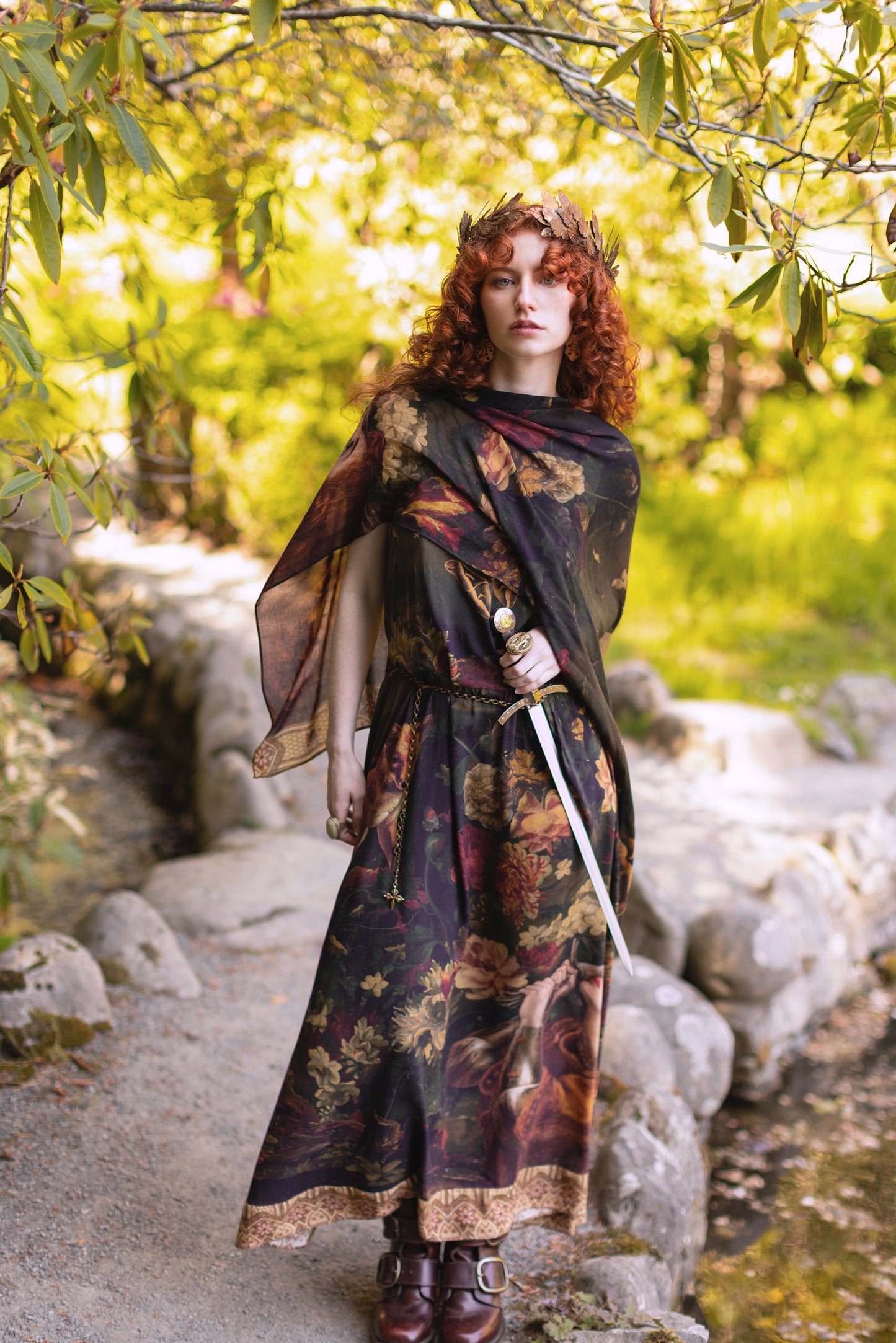 Model wearing a maxi-length bamboo-viscose slip dress featuring florals from centuries-old paintings and Rosetti’s iconic portrait of Joan of Arc - Market of Stars