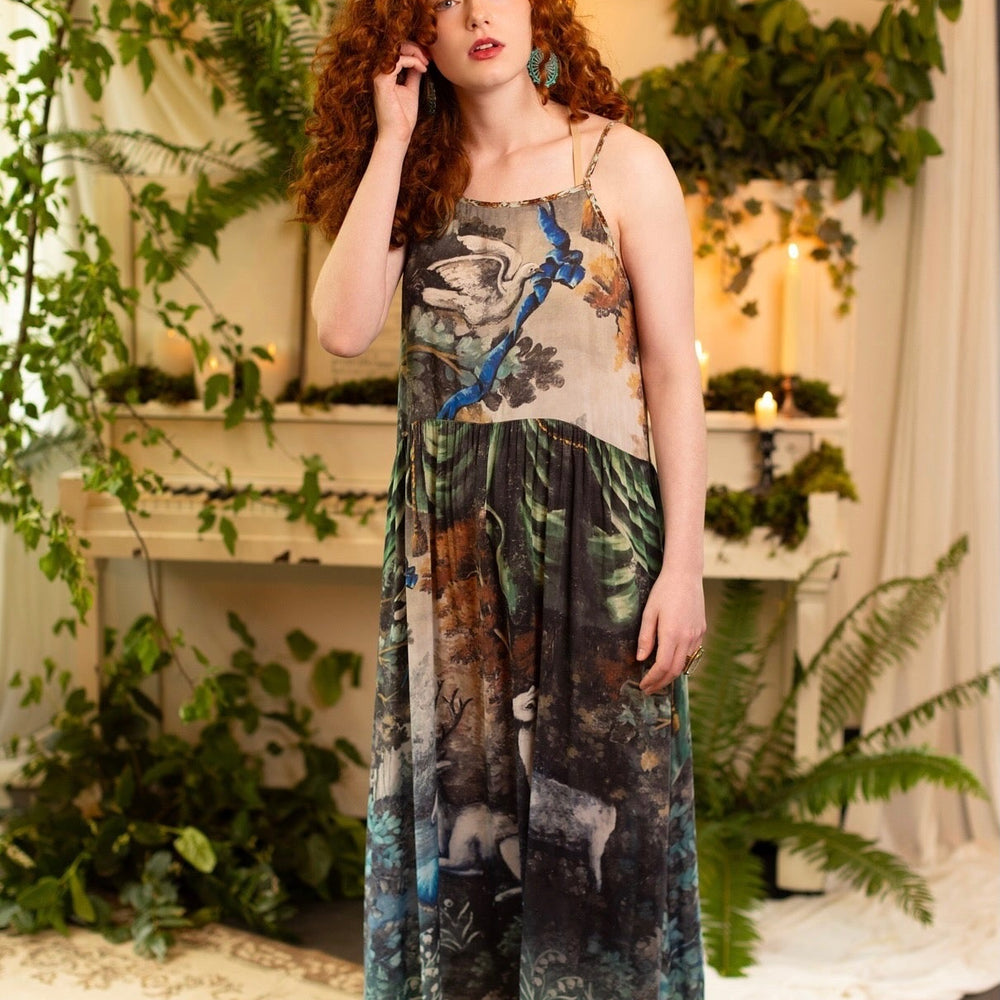 
                  
                    Model wearing our Theatre of Dreams Slip Dress featuring whimsical deer and birds from Jennifer Lanne’s romantic paintings – Market of Stars
                  
                