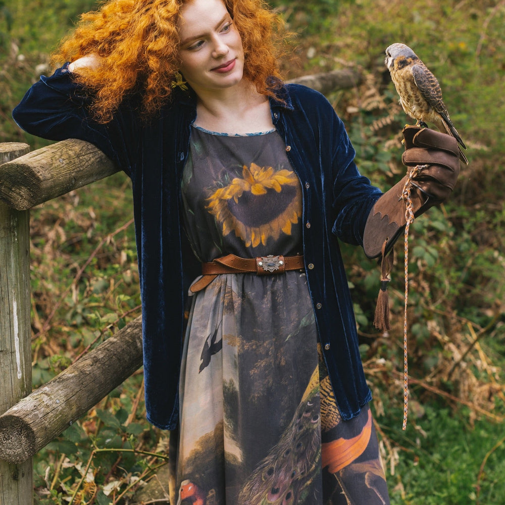
                  
                    Model wearing Wild Beauty Bohéme Slip Dress featuring peacock birds and antique florals – Market of Stars
                  
                