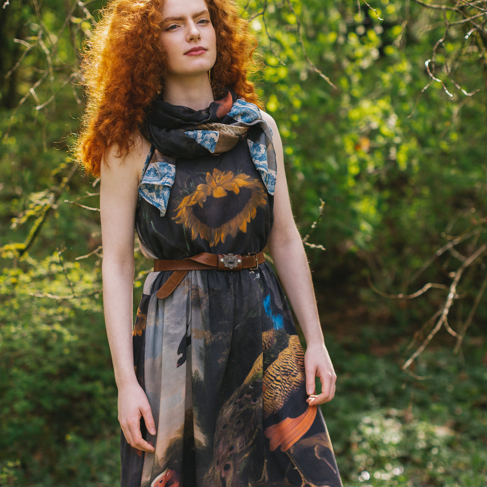 
                  
                    Model wearing Wild Beauty Bohéme Slip Dress featuring peacock birds and antique florals – Market of Stars
                  
                