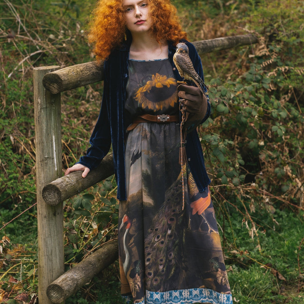 
                  
                    Model wearing Wild Beauty Bohéme Slip Dress featuring peacock birds and antique florals – Market of Stars
                  
                