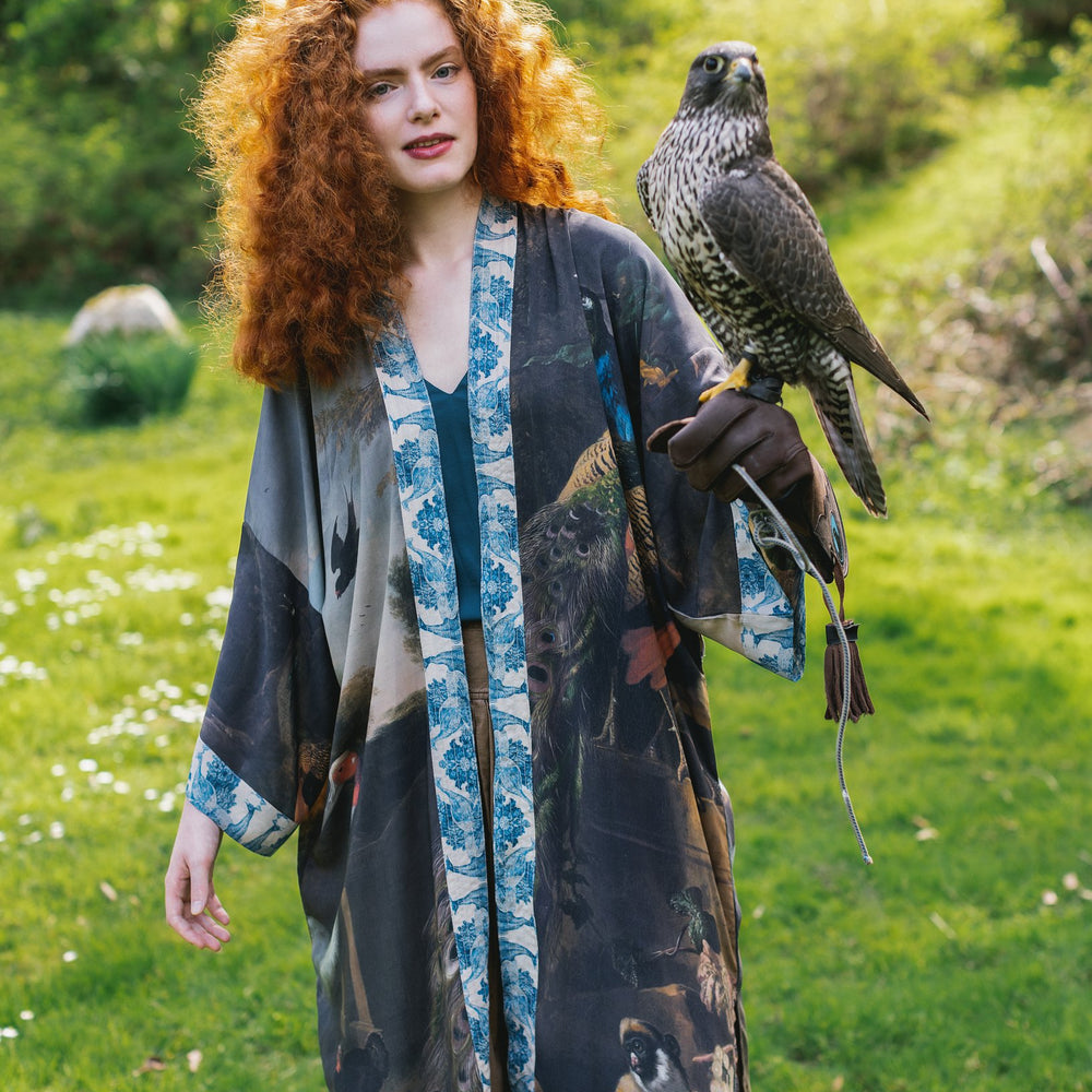 Model wearing Wild Beauty Opera Duster with antique lush florals and peacock – Market of Stars