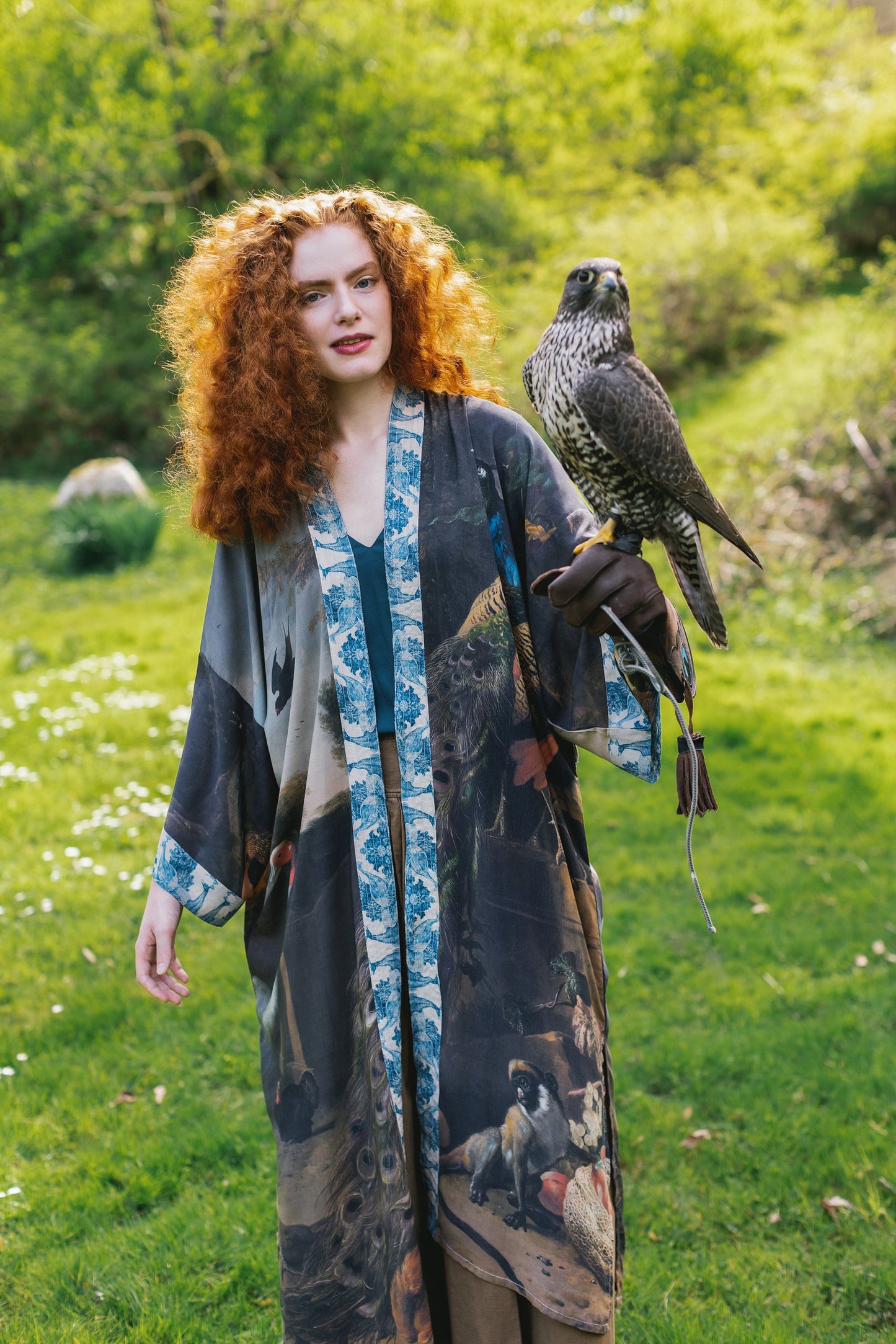 Model wearing Wild Beauty Opera Duster with antique lush florals and peacock – Market of Stars