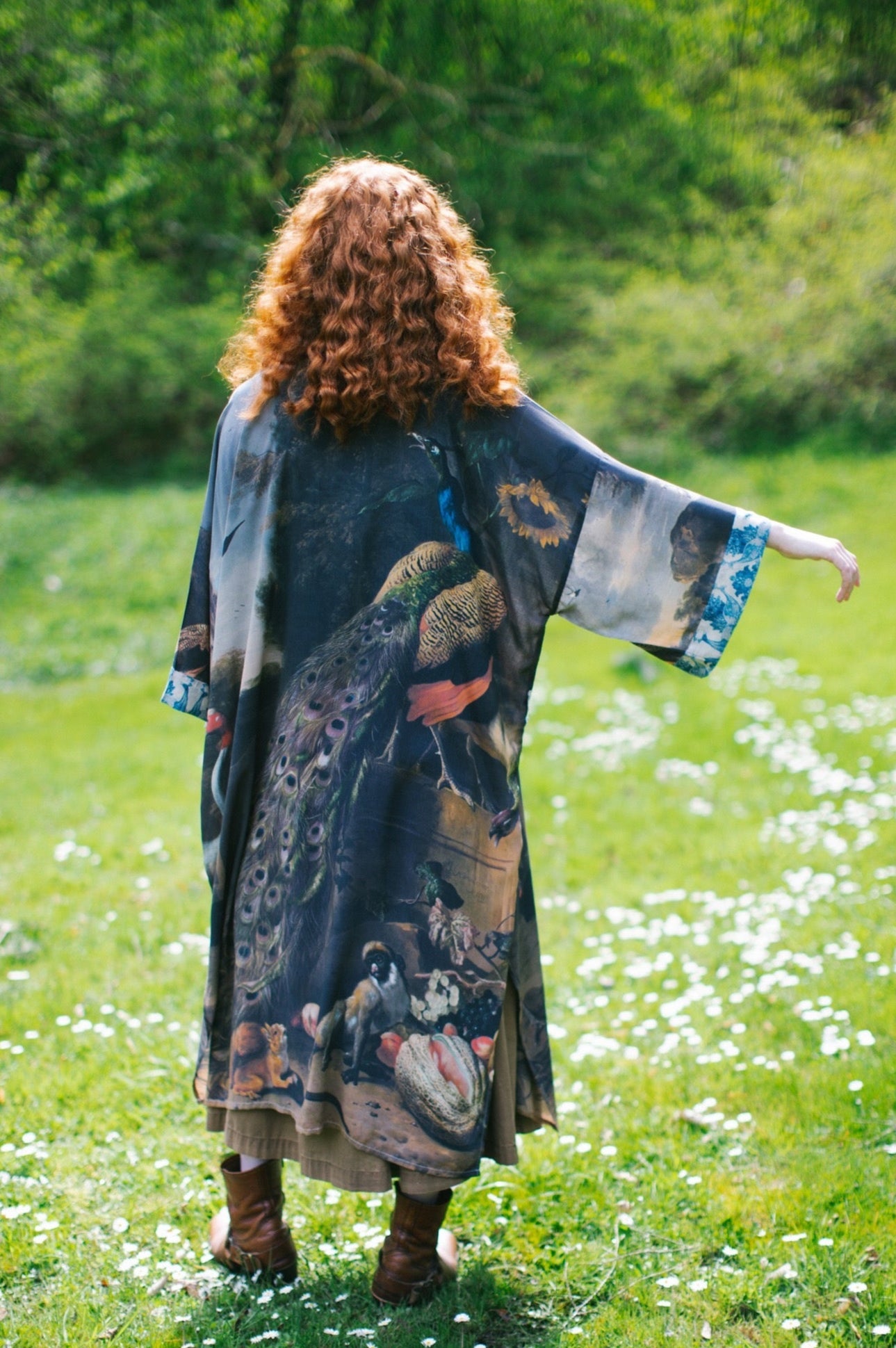 Model wearing Wild Beauty Opera Duster with antique lush florals and peacock – Market of Stars