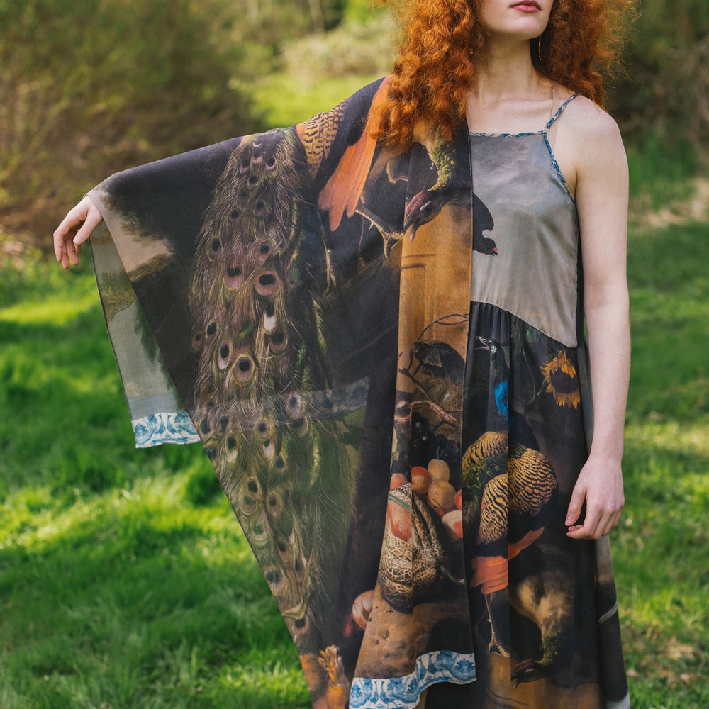 
                  
                    Model wearing Wild Beauty Bohéme Slip Dress and Scarf featuring peacock birds and antique florals – Market of Stars
                  
                