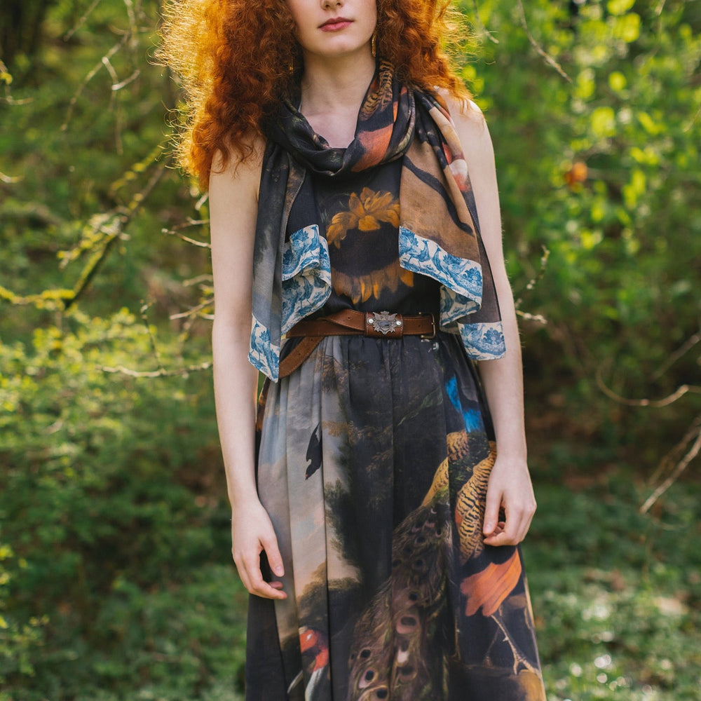 
                  
                    Model wearing Wild Beauty Bohéme Slip Dress and Scarf featuring peacock birds and antique florals – Market of Stars
                  
                