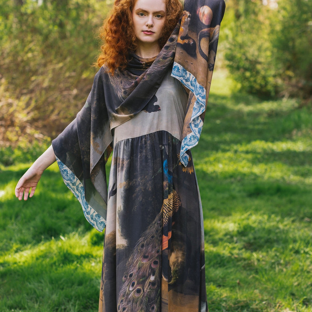 
                  
                    Model wearing Wild Beauty Bohéme Slip Dress and Scarf featuring peacock birds and antique florals – Market of Stars
                  
                
