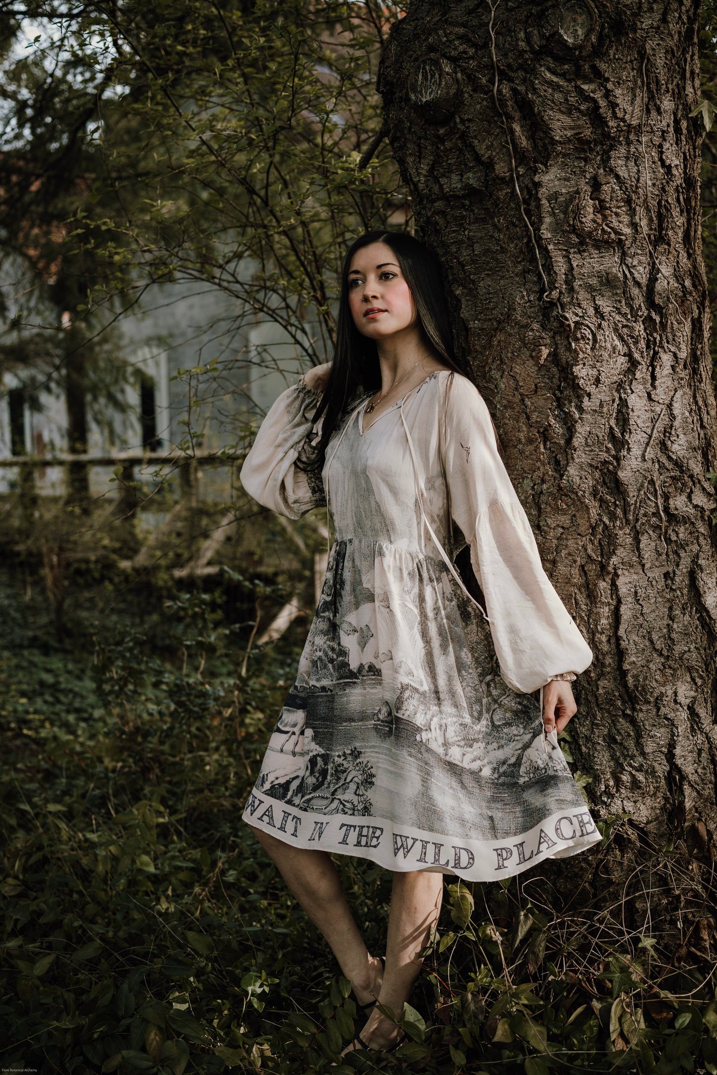 Model wearing knee-length dress with long sleeves featuring vintage print of a forest, songbirds and sunshine - Market of Stars