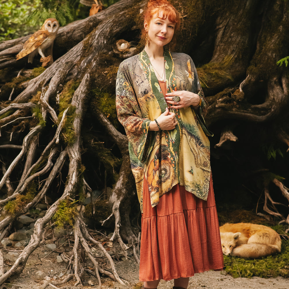 
                  
                    Model wearing a bamboo-viscose mid-length duster kimono robe where even the unlikeliest of friends...a fox and a pheasant...find warmth in each other’s company. Created in collaboration with Charles van Sandwyck - Market of Stars
                  
                