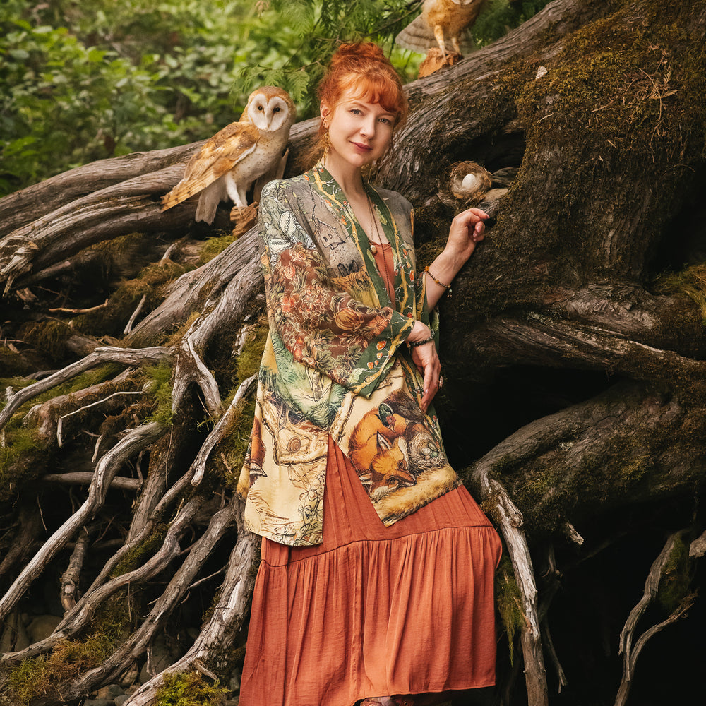 
                  
                    Model wearing a bamboo-viscose mid-length duster kimono robe where even the unlikeliest of friends...a fox and a pheasant...find warmth in each other’s company. Created in collaboration with Charles van Sandwyck - Market of Stars
                  
                