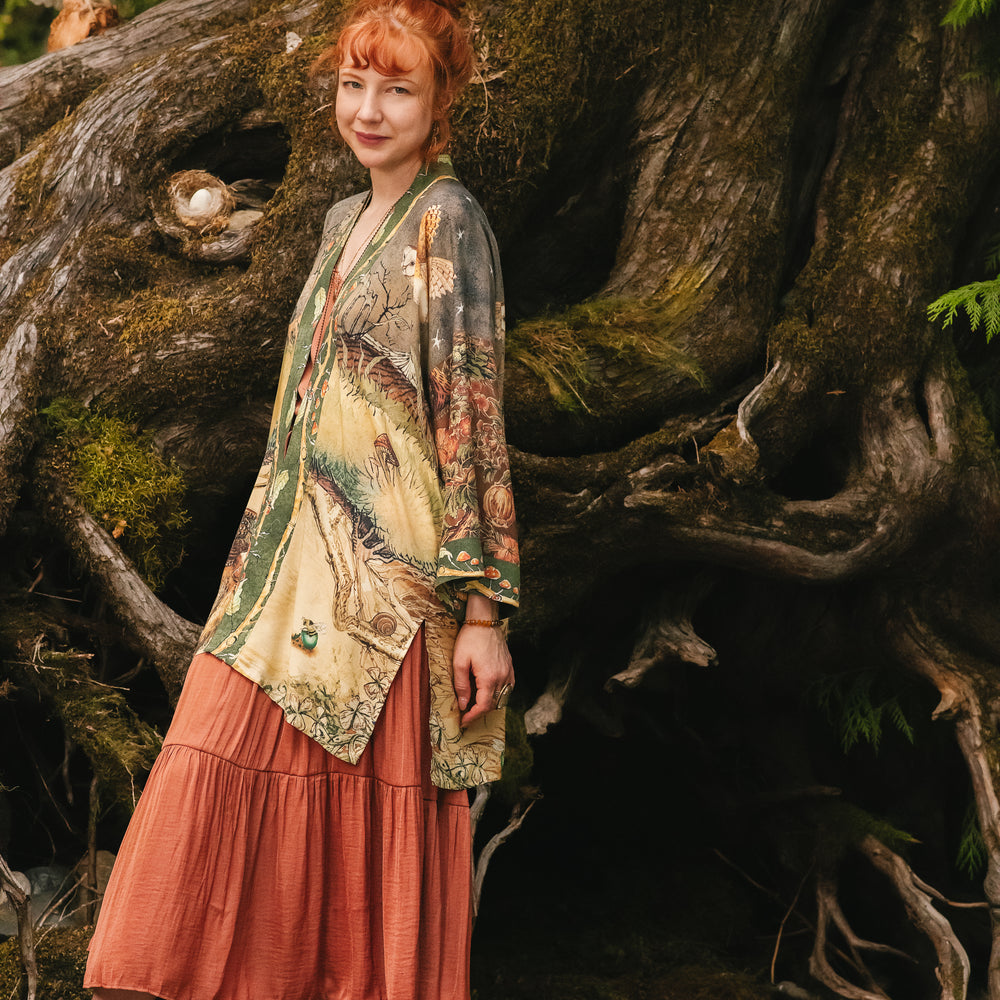 
                  
                    Model wearing a bamboo-viscose mid-length duster kimono robe where even the unlikeliest of friends...a fox and a pheasant...find warmth in each other’s company. Created in collaboration with Charles van Sandwyck - Market of Stars
                  
                